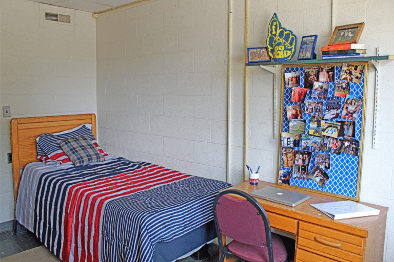 Inside of a single occupancy room inside Merici大厅. There is a bed, desk, and shelf.