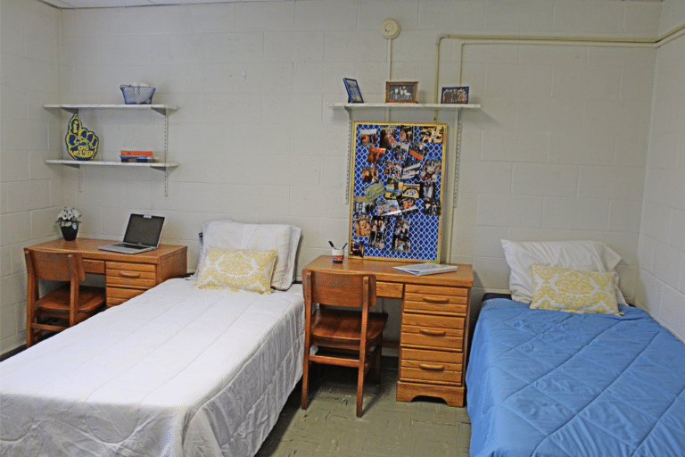 The inside of a double occupancy room inside of Merici大厅. There are two beds, two desks, and three shelves.